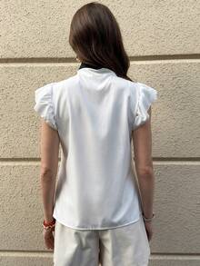 SHEIN Clasi 女款蝴蝶結短袖上衣，夏季白色優雅上衣 - 黑與白 - 查看 2