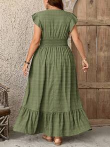 SHEIN LUNE 大码女式纹理面料飘逸长裙，夏季毕业礼服，7月4日白色毕业典礼服装 - 橄欖綠 - 查看 2