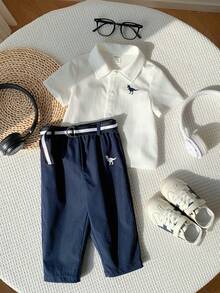 SHEIN 2件套男婴返校季图案POLO领短袖衬衫配腰带和裤子，绅士套装，适合通勤、上学、休闲、运动、春夏穿着。 - 彩色 - 查看 7