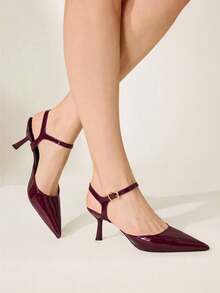 CUCCOO CHICEST 7.2cm Pointed Toe Buckle Strap Pumps, Glossy Leather High Heels, Commuting Style, Multiple Colors, Suitable For Daily Wear And Dates Elegant Shoes Wedding Shoes Summer Shoes Bride Shoes - Burgundy - View 5
