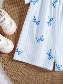 Baby Girl Summer Cute Blue & White Striped Bow Ruffle Trim Romper - Mint Blue - View 4