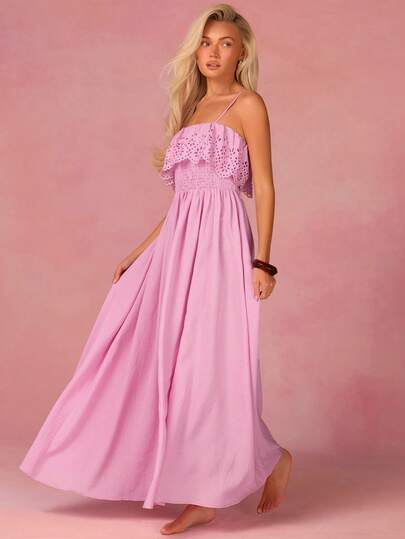 Athîral French-Style Elegant Pleated Waist Dress, Sleeveless Flowing Dress, Women's Pink Dress, Summer Dress, Women's Casual Dress, Pink Floral Wide-Leg Dress For Beach Vacations And Music Festivals