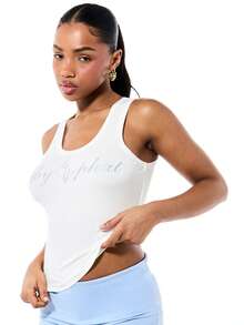 BABYPHAT Débardeur côtelé pour femmes avec design d'ailes d'ange, débardeur d'été décontracté sans manches, col en U, top blanc ajusté - Blanc - Voir 6