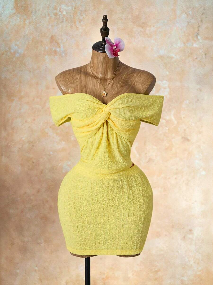 Mistrie Summer Outfit For Women Beach Outfits For Women Vacation Outfits For Women 2pcs/Set Women Off Shoulder Textured Twist Design Top And Bodycon Mini Skirt - Yellow - View 1