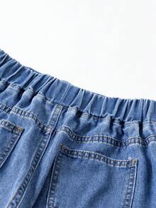 SHEIN 少女时尚复古可爱褶皱设计蓝色牛仔短裤，休闲度假风 - 藍色 - 查看 8