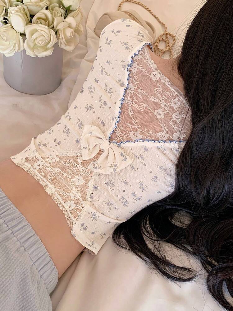 Spring & Summer Ditsy Floral Lace Patchwork Backless Bow Decor Lace Blouse, White Cropped Top, Elegant For Valentine's Day, Wedding, Party, Fashion Event, Slim Fit, Sheer Mesh Long Sleeve Ladies Top