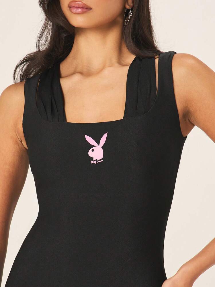 Missguided x Playboy Women's Athletic Sleeveless Square Neckline Full Length Jumpsuit With Bunny Logo For Gym Yoga Fitness Training Workout