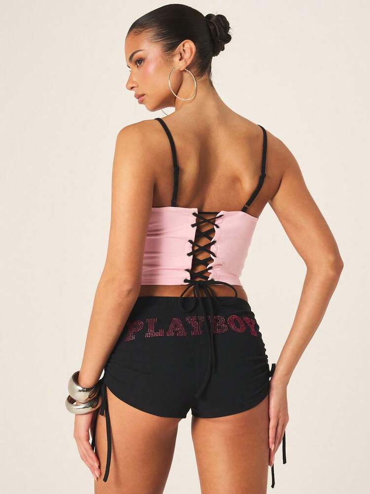 Missguided x Playboy Women's Scoop Neck Cami Top With Lace Up Back Detail And Thin Straps For Summer Casual Wear