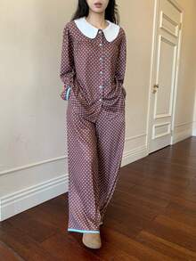 DAZY Cute Polka Dot Print Contrast Color Peter Pan Collar Women Pajama Set - Coffee Brown - View 5