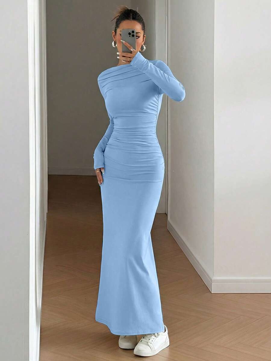 SHEIN EZwear Đầm dài tay xếp ly ôm sát người thanh lịch dành cho nữ, đầm tốt nghiệp màu xanh dương. - Màu xanh lam - Xem 1