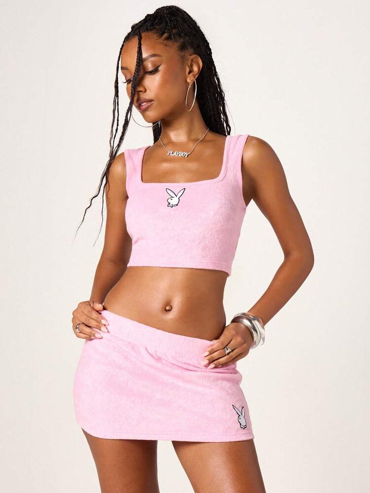 Missguided x Playboy Towelling Cami Top And Mini Skirt Co Ord Set Square Neck Sleeveless Crop Top With Matching Bodycon Mini Skirt Two Piece Outfit