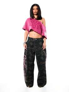 SUMWON WOMEN Women's Camouflage Wide Leg Barrel Jeans With Pink Script Graphics And Studded Detailing Relaxed Fit Slouchy Denim - Army Green - View 3