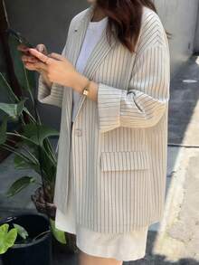 FRIFUL Women's Casual Commuting Striped Loose Blazer - Apricot - View 4