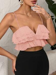 SHEIN SXY 女士纯色荷叶边下摆时尚百搭约会外出吊带背心 - 粉色 - 查看 5