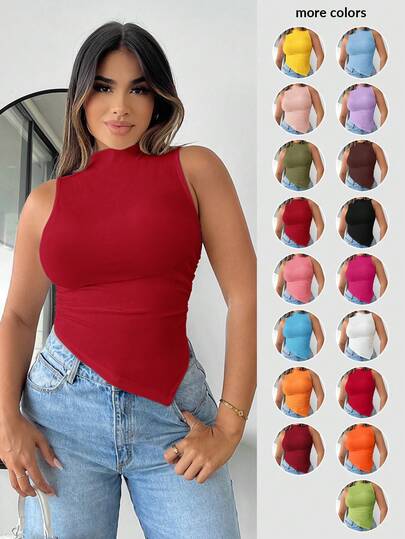 SHEIN SXY Summer Sexy Mock Neck Asymmetrical Hem Tank Top