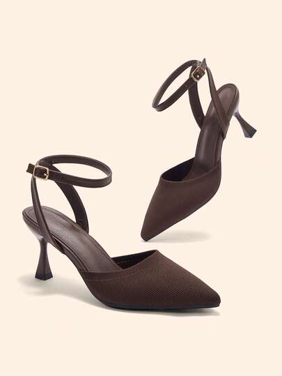 CUCCOO BASICS Coffee-Color Knit Fabric Ankle Strap Pointed Toe Stiletto High Heel Women's Pumps, Comfortable For Commuting, Office, Vacation And Everyday Wear Spring Shoes