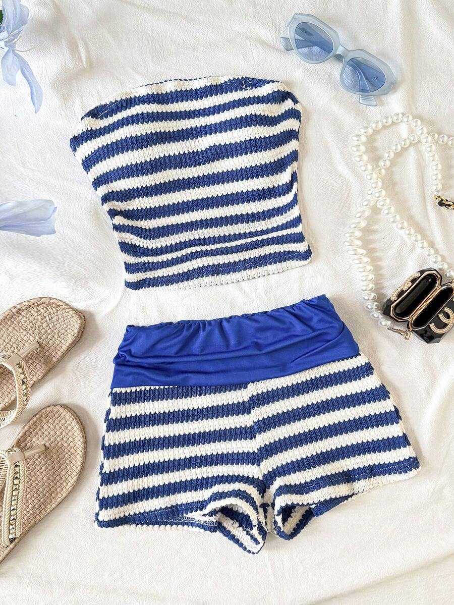 SHEIN 少女休闲条纹背心短裤套装，舒适简约 - 藍白色 - 查看 1
