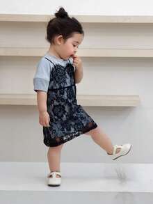 DAZY 女婴韩版蕾丝边休闲二合一连衣裙 - 灰色 - 查看 6