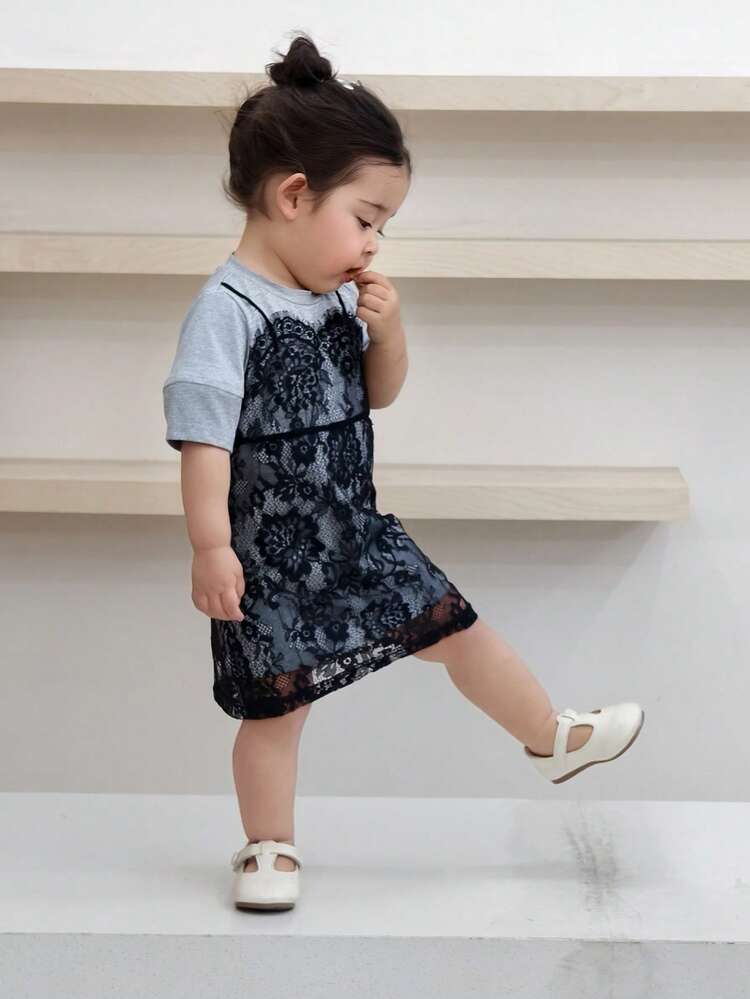 Baby Girls Korean Style Lace Trim Casual 2 In 1 Dress Toddler Girls Clothes