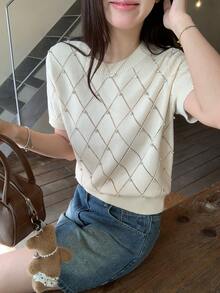 DAZY Women's Summer Unique Design Fitted Cropped Knit Top With Regular Shoulder - Black and White - View 1