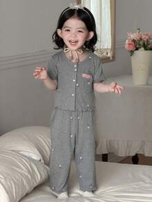 DAZY Bộ đồ mặc nhà mùa hè cho bé gái, gồm áo thun dài tay và quần dài in họa tiết toàn thân. - Xám - Xem 3