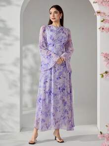 Veilorie Summer Ditsy Floral Waist Ruched Long Flare Sleeve Arabic Style Dress For Women - Purple - View 4