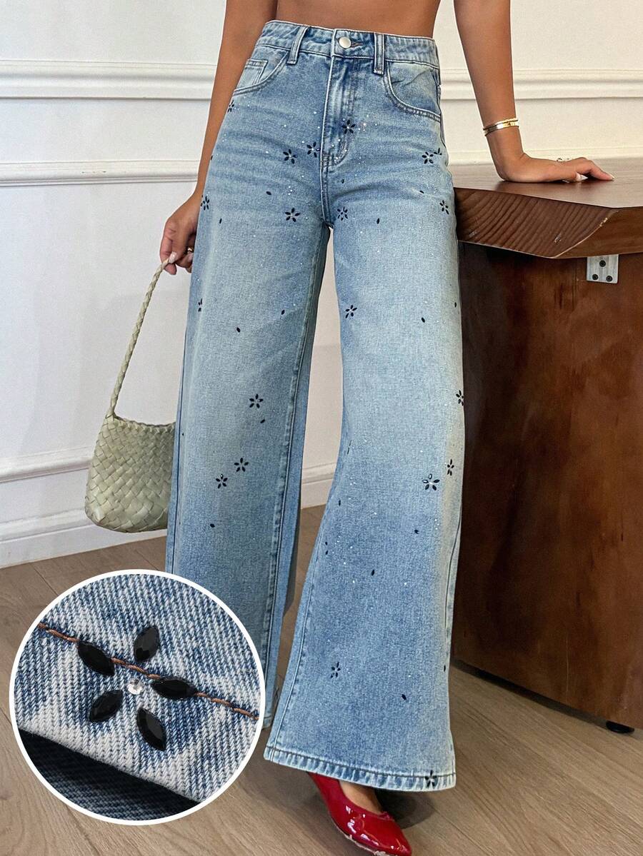Quần jeans nữ dáng suông rộng, cạp thường, đính đá lấp lánh, kiểu dáng thường ngày. - Rửa trung bình - Xem 1