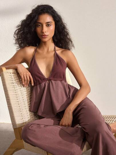 Ocili Women's Ruffled Hem Halter Top And Pants Pajama Set