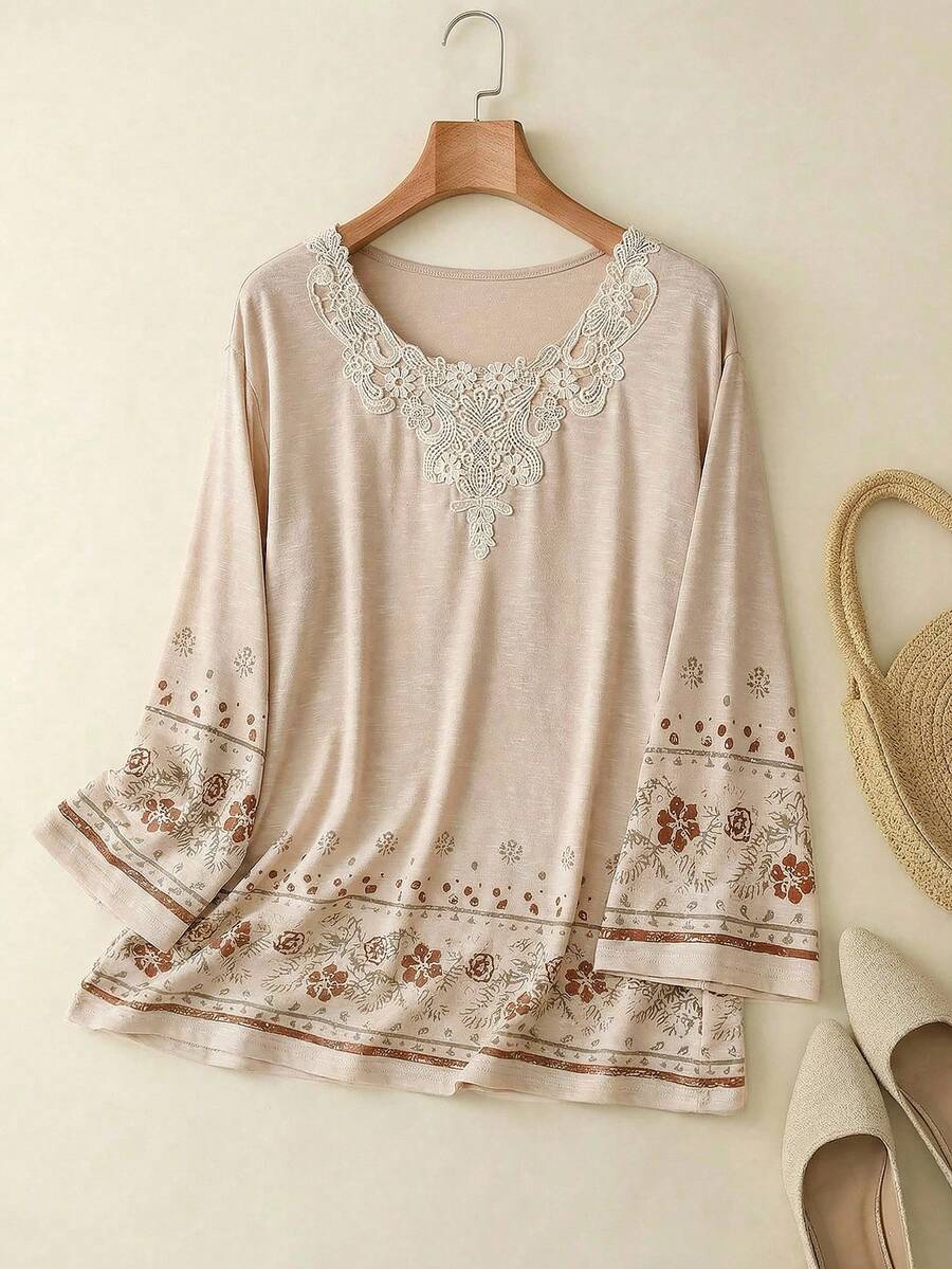 SHEIN LUNE Áo thun nữ cài cúc sau, vạt cong - Màu Khaki - Xem 1