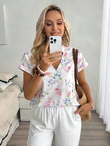 Louniche Standard Size Women V-Neck Vacation Floral Print Shirt - White - View 3