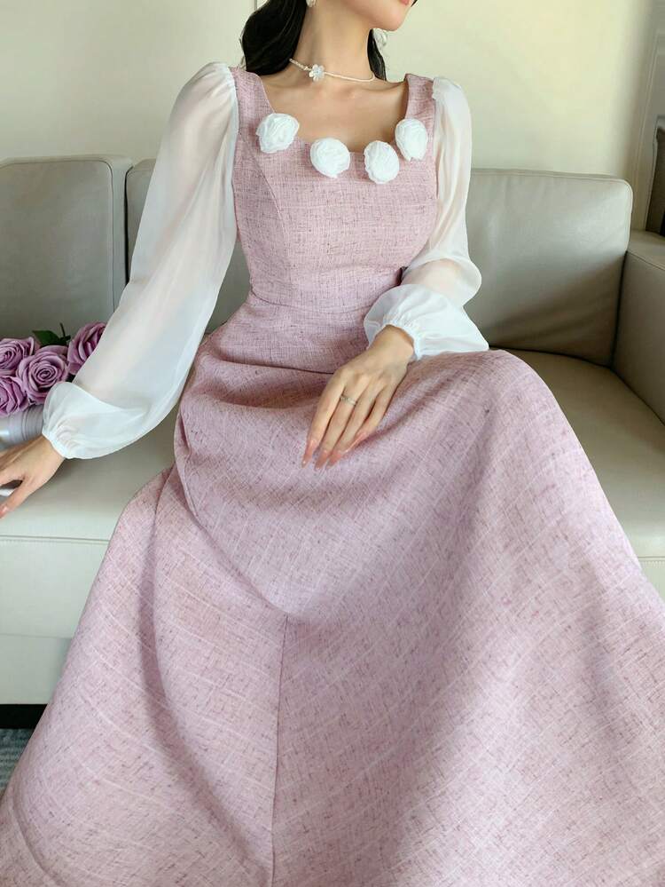 Women's Elegant Midi Dress With 3D Floral Decor, Square Neckline And Lantern Sleeves Sundress Summer