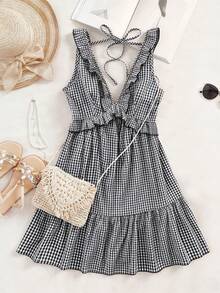 GlowEve Petite Artistry 女士简约荷叶边吊带纯色迷你连衣裙，黑白格纹，适合夏季休闲度假 - 黑與白 - 查看 1