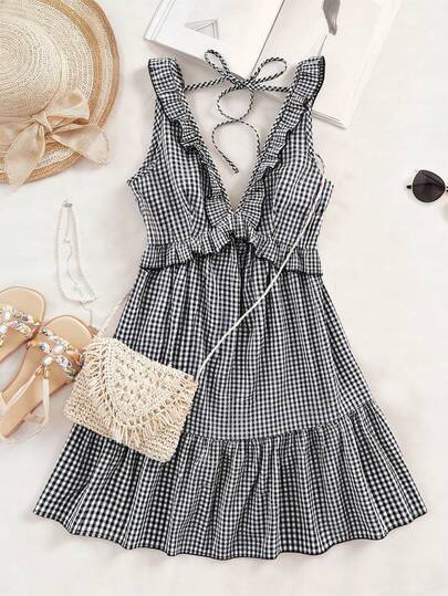 GlowEve Petite Artistry 女士简约荷叶边吊带纯色迷你连衣裙，黑白格纹，适合夏季休闲度假