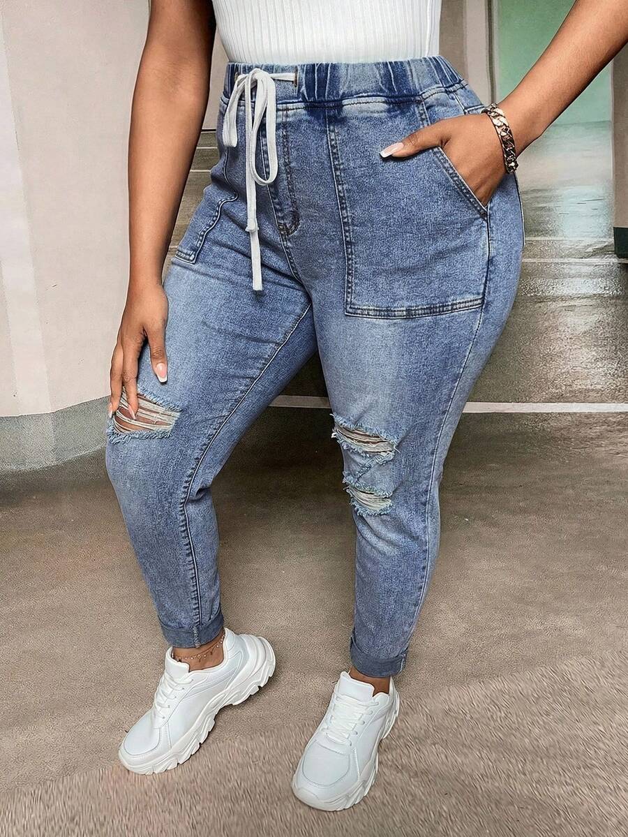 SHEIN ICON Plus Size Distressed Drawstring Waist Casual Slim Fit Summer Denim Jeans - Light Wash - View 1