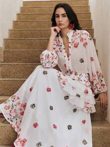Anewsta Romantic French Floral Embroidery Layered Ruffle Hem High Waist Skirt - White - View 6