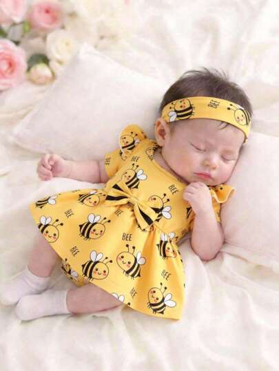 SHEIN Vintaside Kids 2pcs/Set Baby Girls Cute Cartoon Cow Print Bow Decor Short Sleeve Dress & Headband Set, Summer