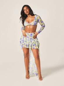 MISSGUIDED Women's Floral Print Long Sleeve Crop Top And Tiered Ruffle Mini Skirt Two Piece Matching Co Ord Set With V Neck And Asymmetric Hem Detail - Multicolor - View 1