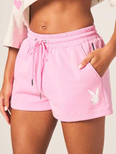 Missguided x Playboy Women's Pink Drawstring Elastic Waist Casual Jogger Shorts With Bunny Logo Print