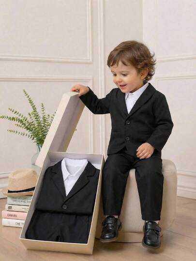 SHEIN Set de 2 piezas Chaqueta de terciopelo y pantalones negros para niño pequeño, traje de caballero, adecuado para interior, exterior, diario, deportes, juego, fiesta, sesión de fotos, boda, baby shower, bautizo, celebración del 1er cumpleaños, elegante, invitado de boda, paje, portador de anillos, boda, festival