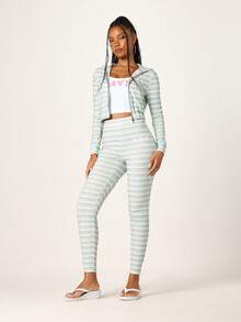 Missguided x Playboy Women's High Rise Striped Leggings With Star Print Detail Soft Jersey Knit Full Length Fitted Elastic Waistband Casual Everyday Activewear - Multicolor - View 3