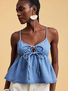 Travachic Women's Solid Color Spaghetti Strap Sleeveless Ruffle Hem Tie Front Denim Blouse Summer Tops For Women Going Out Tops Women - Medium Wash - View 4