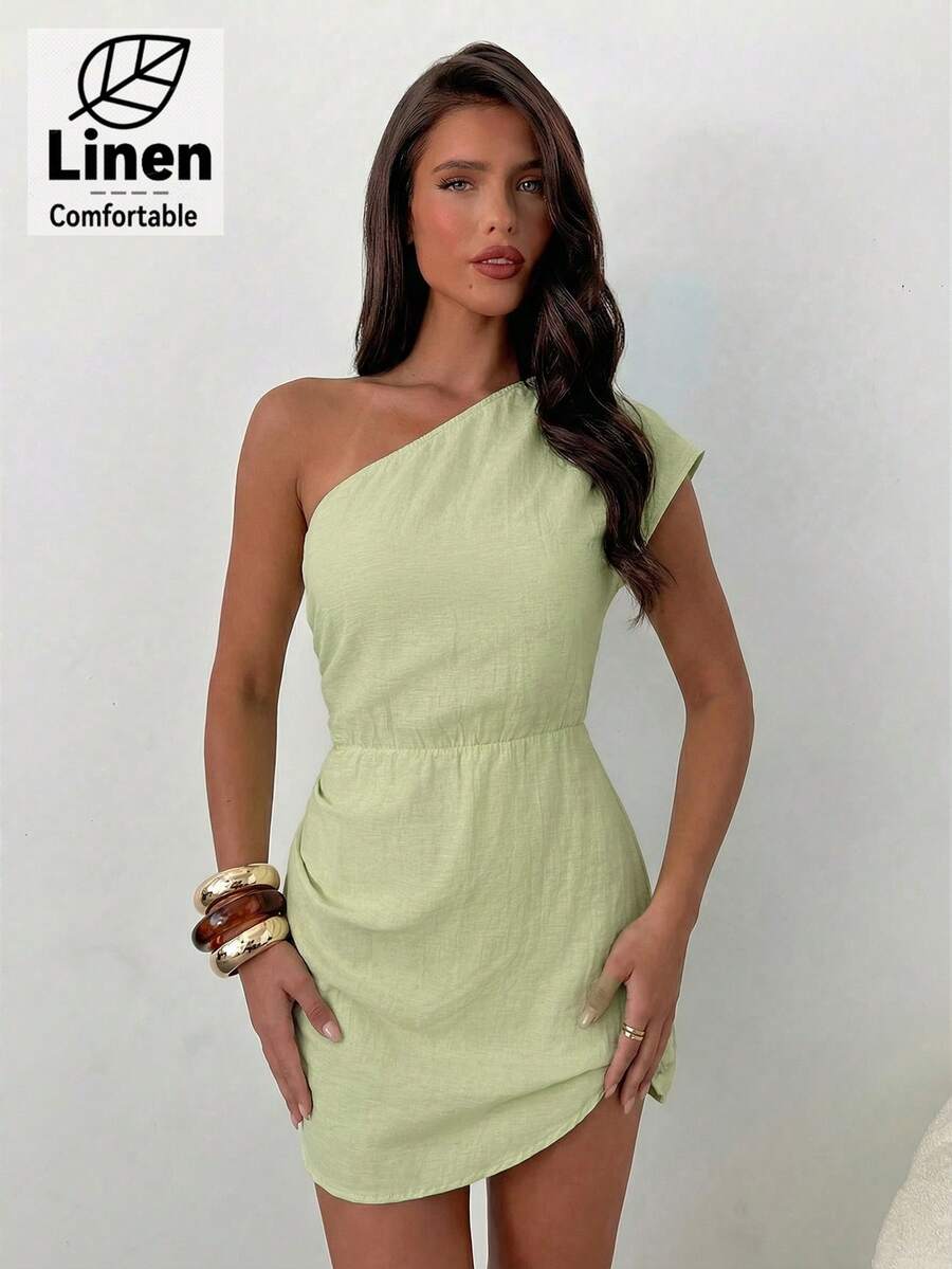 Aloruh 女士纯棉无袖褶皱腰部A字迷你通勤连衣裙 - 綠色 - 查看 1