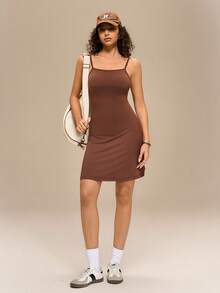 Hanevo Women's Coffee Brown Summer Casual Vacation Elegant Waist Cinched Spaghetti Strap Mini Dress,Body Fit Tight Dresses For Ladies,City Break - Brown - View 4
