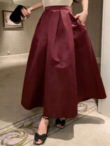 DAZY 女士纯色百褶休闲百搭约会外出半身裙 - 酒紅色 - 查看 3