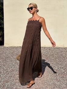DAZY Abito a-line ampio con tessuto grinzoso e pizzo a contrasto, elegante abito lungo estivo da vacanza per le donne - Caffè Marrone - Visualizzare 4