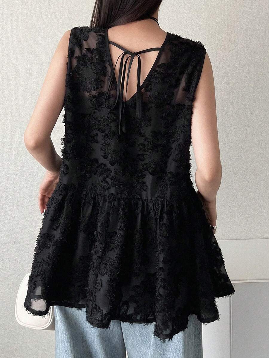 FRIFUL 女士V领纹理宽松无袖背心外套 - 黑色 - 查看 1