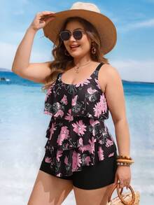 Swim Lushoire Plus Size Women 2pcs/Set Random Print Multi-Layer Ruffle Flattering Tummy Cover Beach Party Tankini Bikini Set Set - Black - View 6