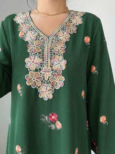 Yasmyna Women's Elegant Floral Lace V-Neck Loose Arabic Style Dress, Suitable For Spring And Autumn