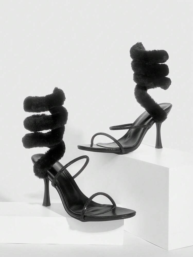 CUCCOO SZL Ladies' New Sexy Serpentine Twisted Fluff Strap Black Rhinestone High Heels, Dinner Party Dating Dress Stiletto Sandals Spring Shoes