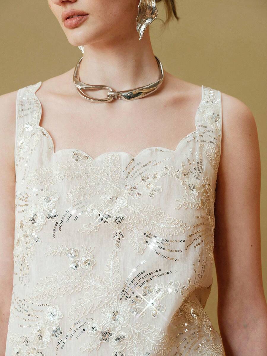 Arave Women's Elegant Party Beaded Embroidery Shell Trim Camisole Top, Summer - White - View 1